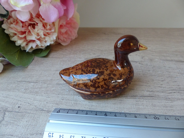 Petite Boite en Forme de Canard Marron et Doré Céramique Michel Caugant, Boite à Bijoux Canard, Vide Poche Canard, Décoration Canard Vintage