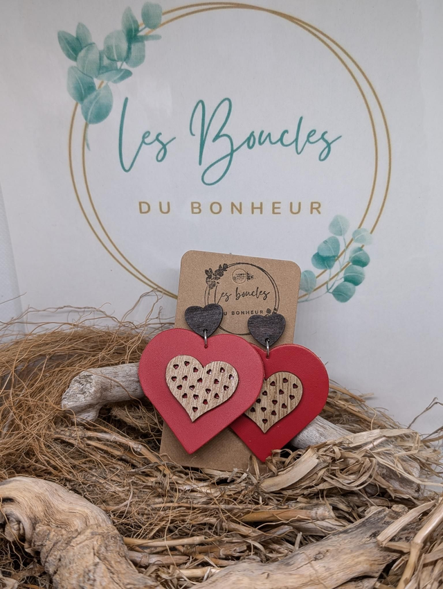 Boucles d&#039;oreilles Double coeur rouge dc209
