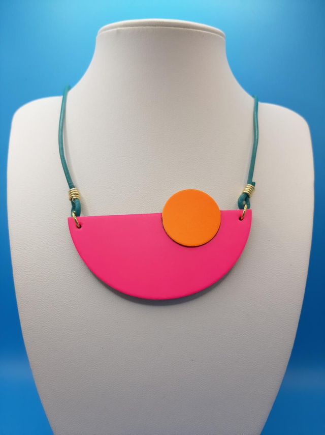 SALE! Leather bib necklace  - neon pink / orange