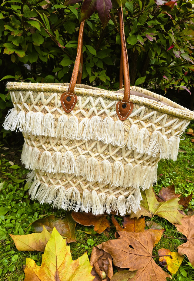 Grand Panier "Atlas" en feuille de palmier avec franges et petites perles