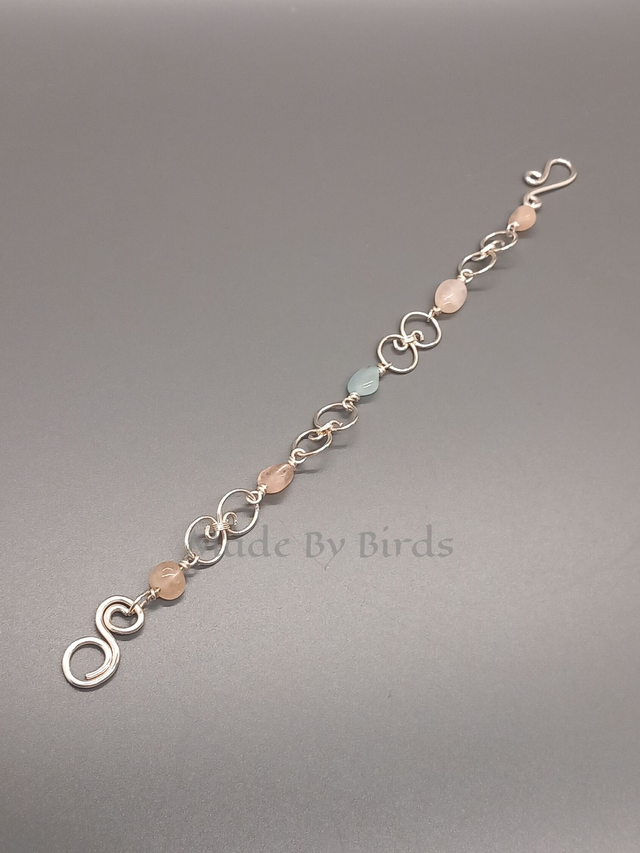 Hand Forged Sterling Silver Bracelet With Morganite Beads and Swirl Elements