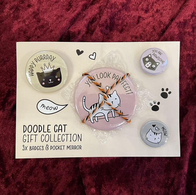 Doodle Cat Gift Collection | Small Pocket Mirror and 3 Badges