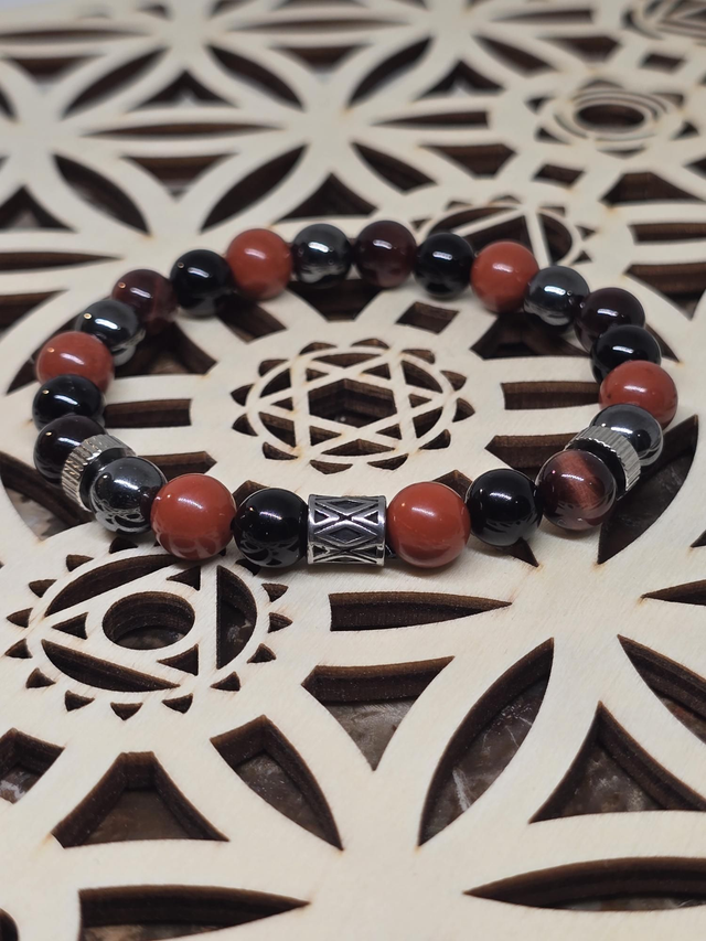 Bracelet Onyx, Jaspe rouge, Œil de Taureau, Hématite 0,8 cm