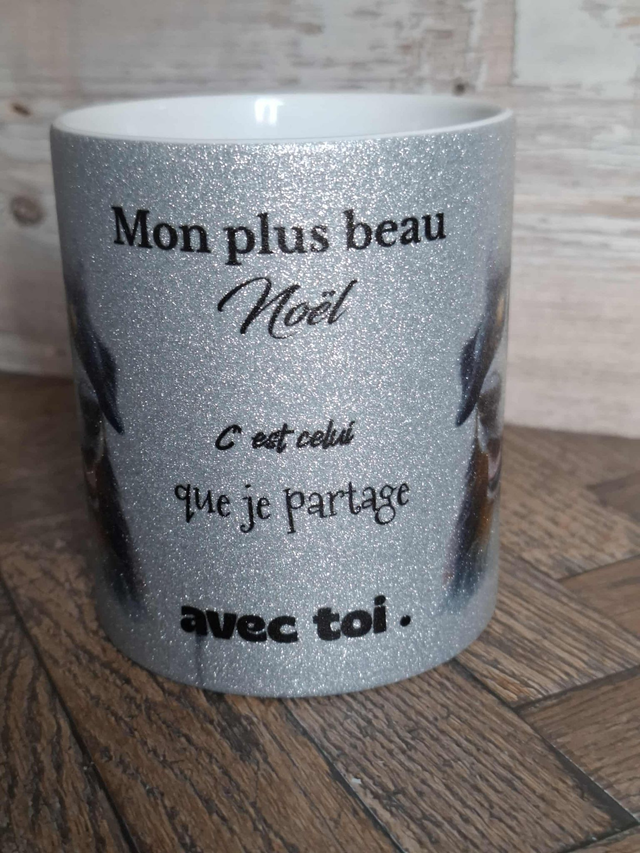 Mug à paillettes argenté berger australien de noel