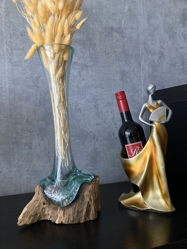Dekoglasvase auf Teakwurzel schmal hohe Version Unikat Nr. 3943