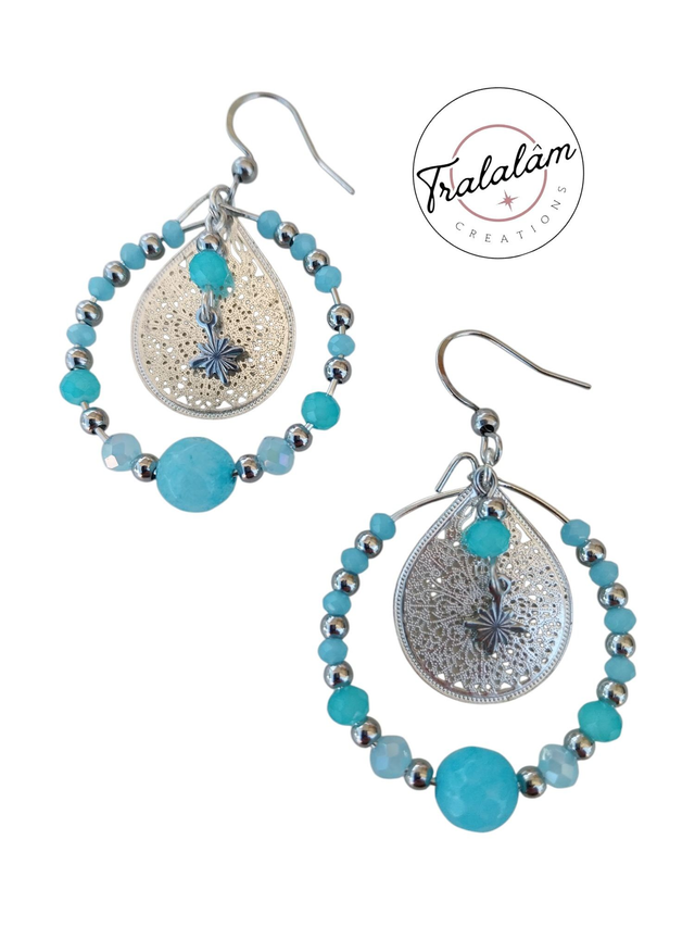 ✨Boucles d'oreilles créoles estampes filigranées goutte perles bleues✨(145BO)