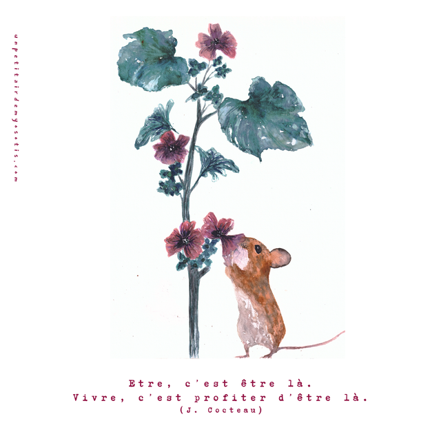 Carte postale souris - mauve - Etre, c’est être là.  Vivre, c’est profiter d’être là.