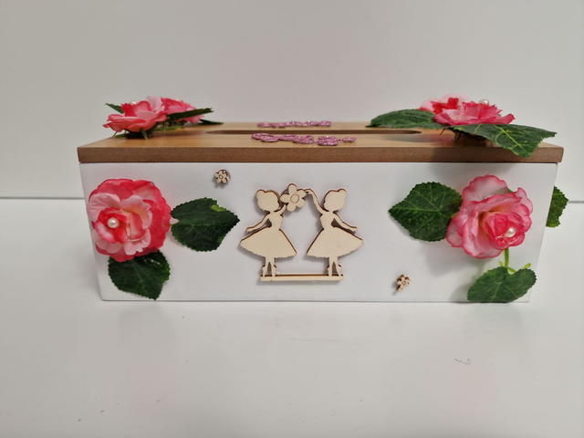 Boite A Mouchoirs En Bois Danseuses Fleurs Roses Perles