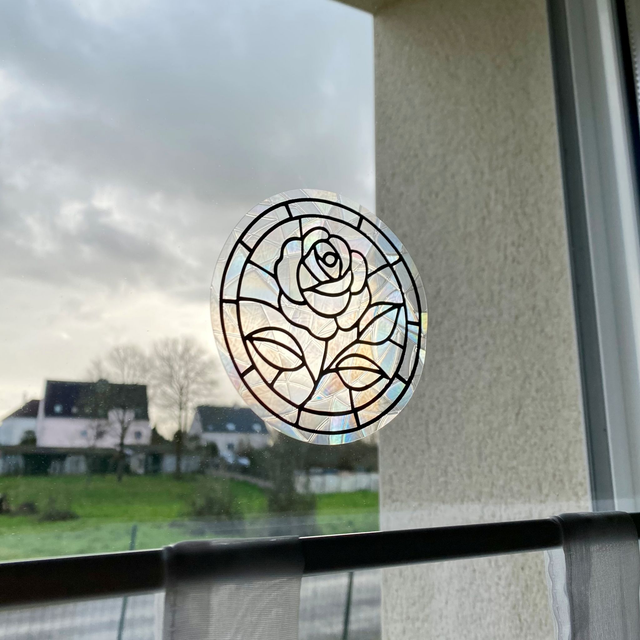 Attrape soleil sticker de fenêtre électrostatique, motif vitrail rose éternelle