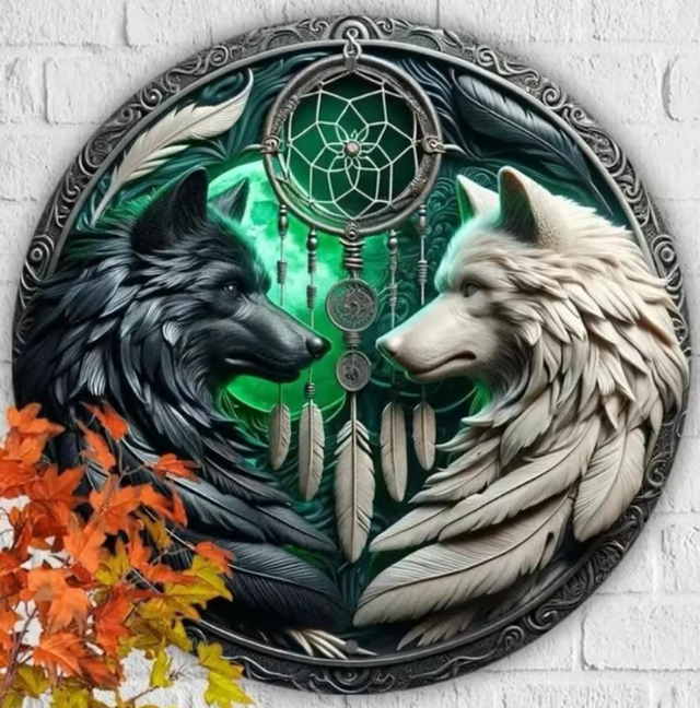 Vintage rond metalen bord Wolven dromenvanger (20cm)