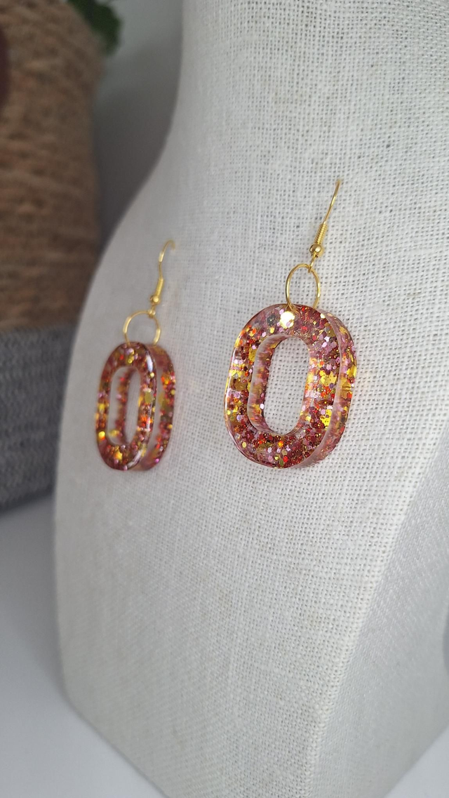 Boucles oreilles ovales paillettes dorés/roses