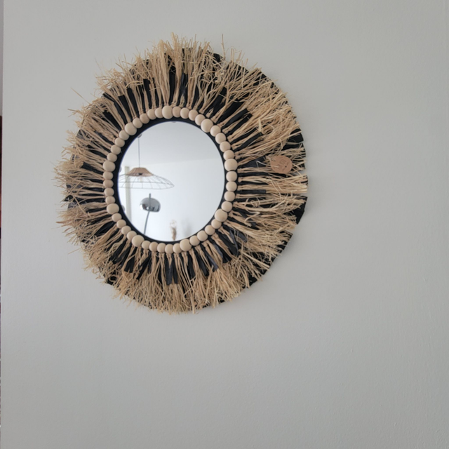 Miroir rond en raphia naturel