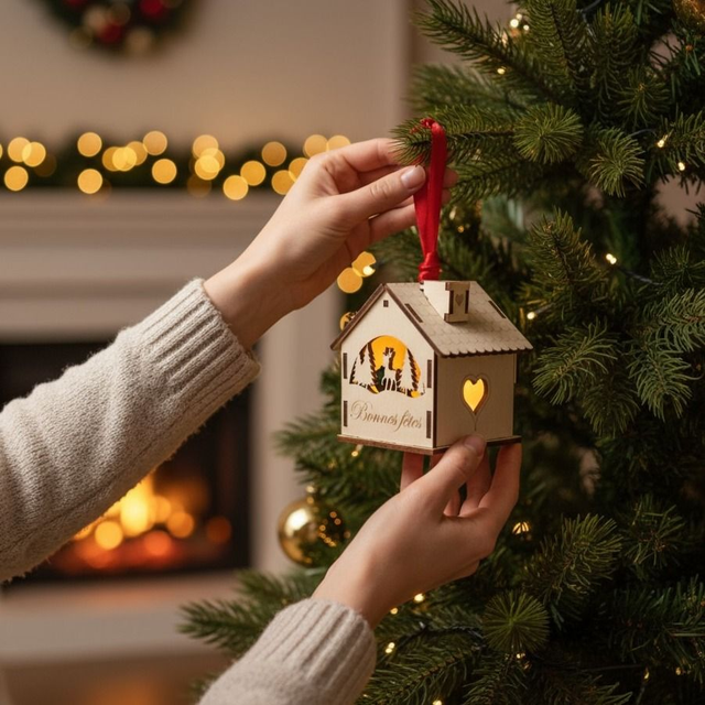 Décoration de sapin de Noël maison en bois, cadeau personnalisé - chalet de Noël déco Renne