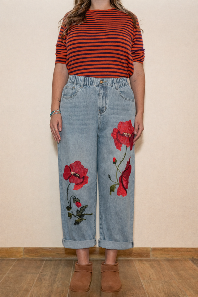 Jeans fiore rosso