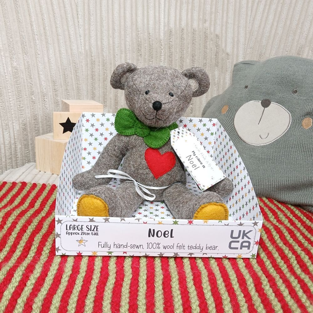 Noel. Large size. 100% wool felt, handmade teddy bear. Dark brown with green, red and mustard.