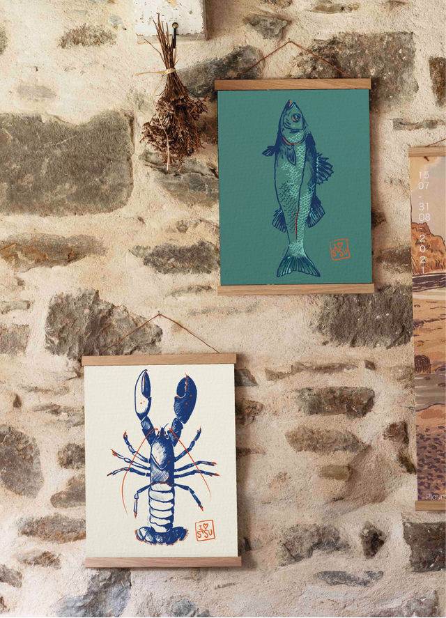 Affiche bar pastel bleu-vert / Blue green pastel sea bass poster