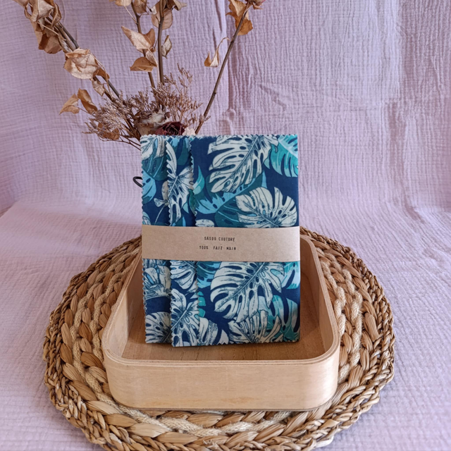 Trio Bee-Wraps Monsteras Bleu
