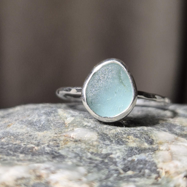 Size W Pale Aqua Sea Glass and Sterling Silver Ring Fully Hallmarked 
