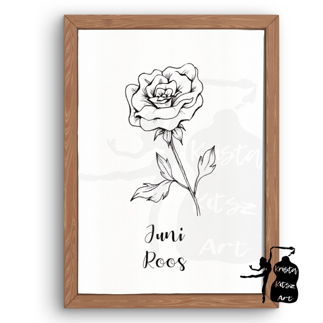 Geboortebloem Juni Roos in zwart wit,  luxe kunstprint op fine art papier van originele tekening, met of zonder tekst 