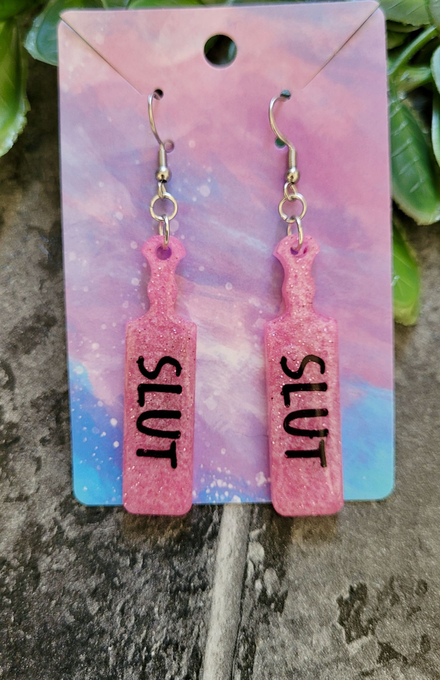 Earrings | SLUT Paddle Earrings Light Pink Glitter | Stainless Steel Hooks