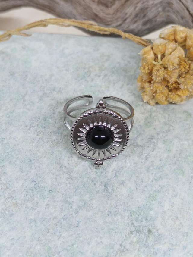Bague DÉA  ajustable en Acier Inoxydable Onyx Noir - Élégance intemporelle