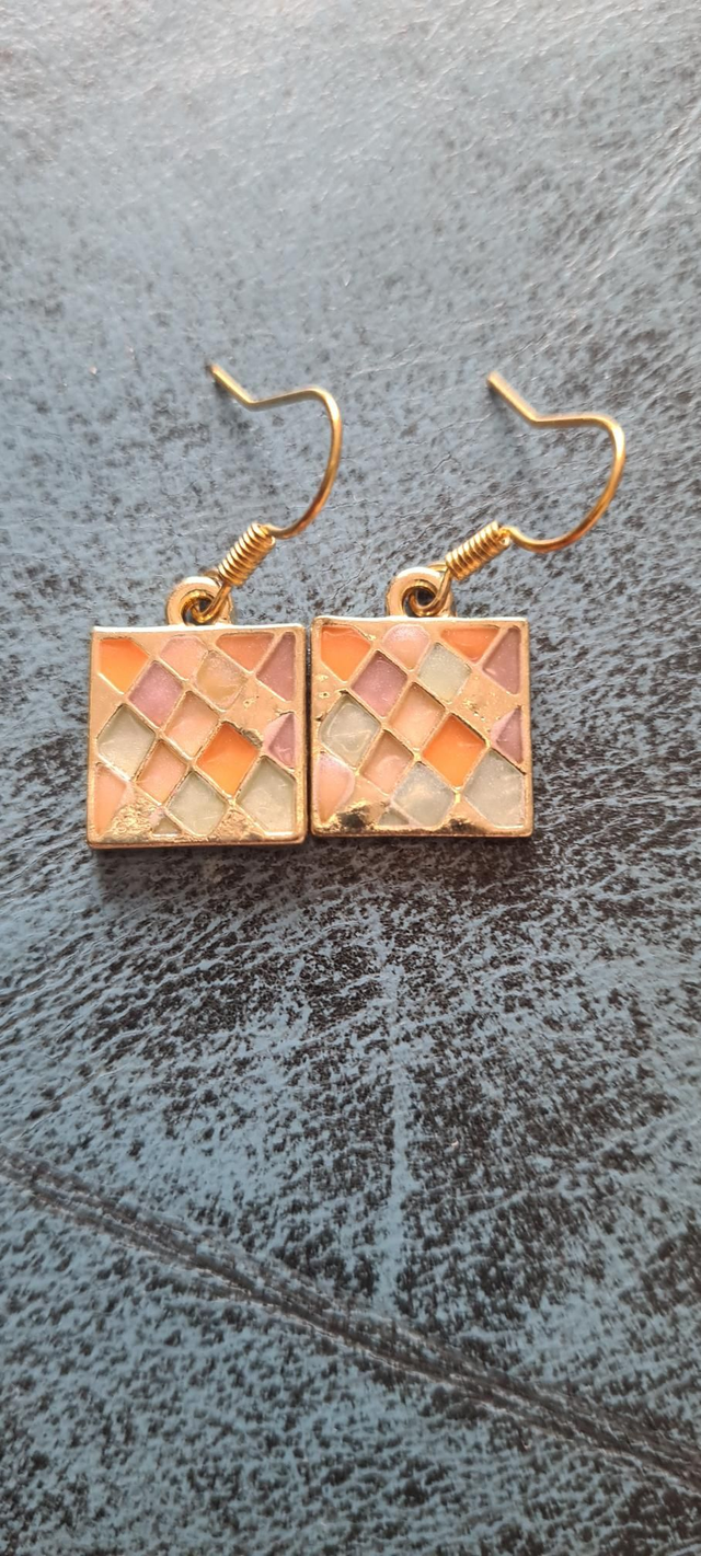 New Small Gold Enamel Harlequin Parcel Earrings Hooks