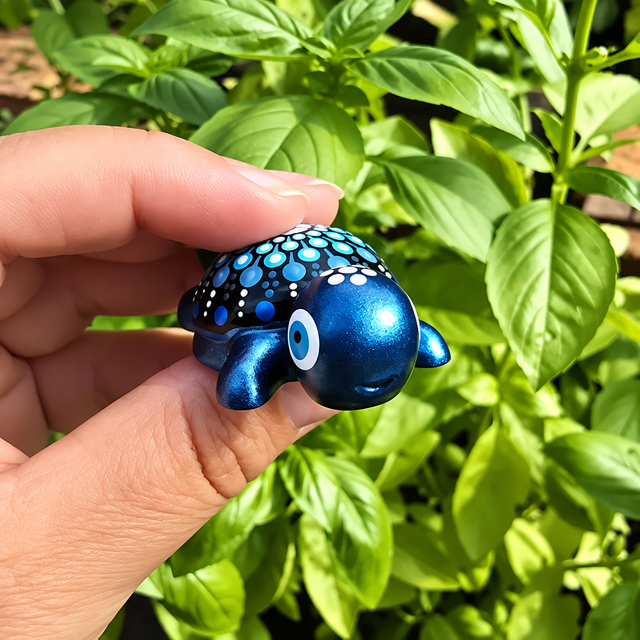 Petite tortue décorative – Mandala bleu métallisé & turquoise peint à la main