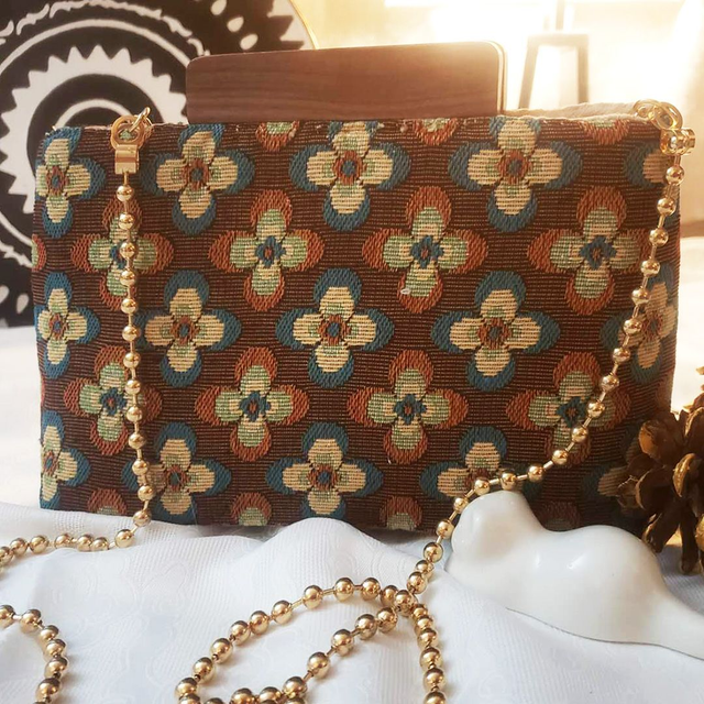 Little Flower Embroidery - Handy Bag - Blue+Brown