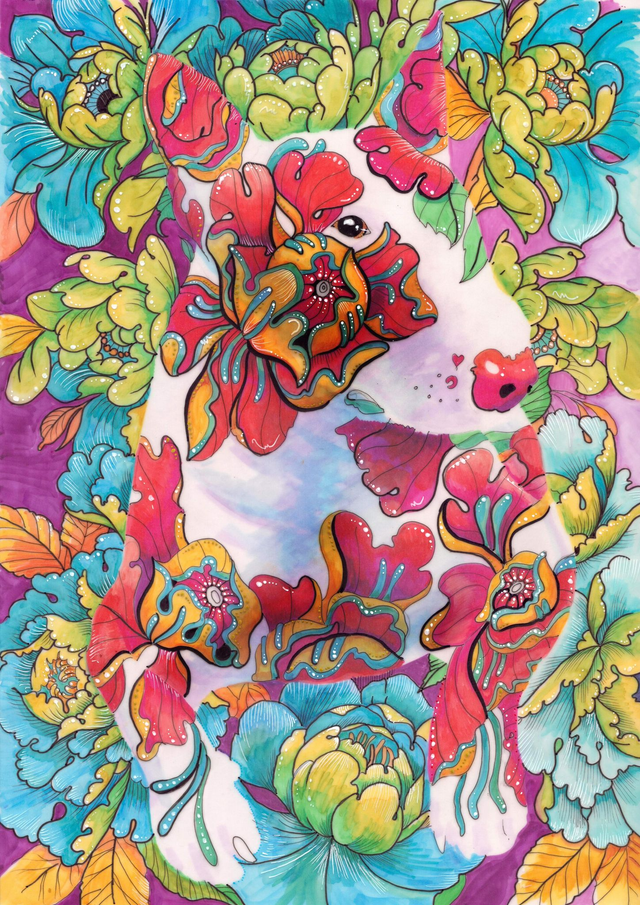 "Dog Roses' - The Bull Terrier - A3 print on gold