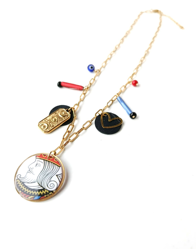 Collier à Breloques Upcyclé Carte de Tarot, Chambre à Air &amp; Aluminium Recyclés - Roi