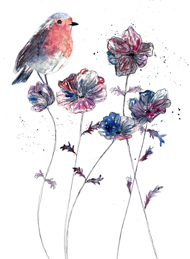 Rouge gorge et anémones