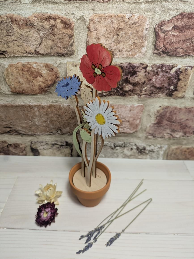 Triple British Bloom in Terracotta Pot Wooden Flowers