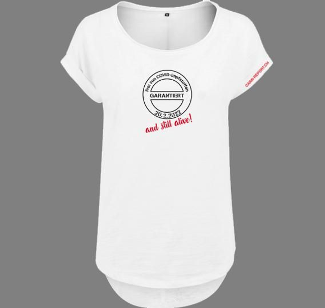 Damen-Shirt, weiss, «frei von COVID-Impfstoffen» mit individuell wählbarem Datumsaufdruck