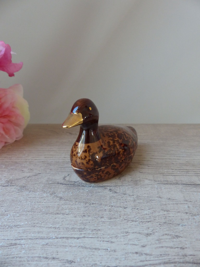 Petite Boite en Forme de Canard Marron et Doré Céramique Michel Caugant, Boite à Bijoux Canard, Vide Poche Canard, Décoration Canard Vintage