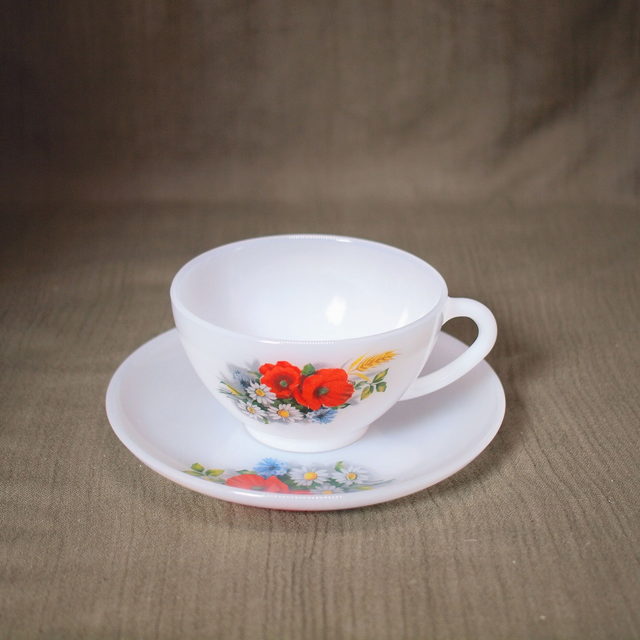 Arcopal | Kop (diameter 10,5 | hoogte 6 cm) en Schotel (diameter 16 | hoogte 2 cm) Gehard melkglas &#039;Veldbloemen&#039; decor | Vintage