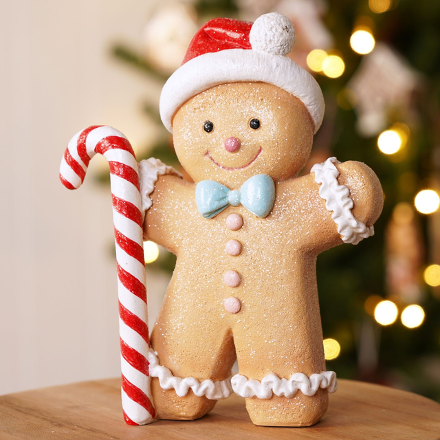 Gingerbread Man Christmas Figurine with Candy Cane – 16cm Decoration