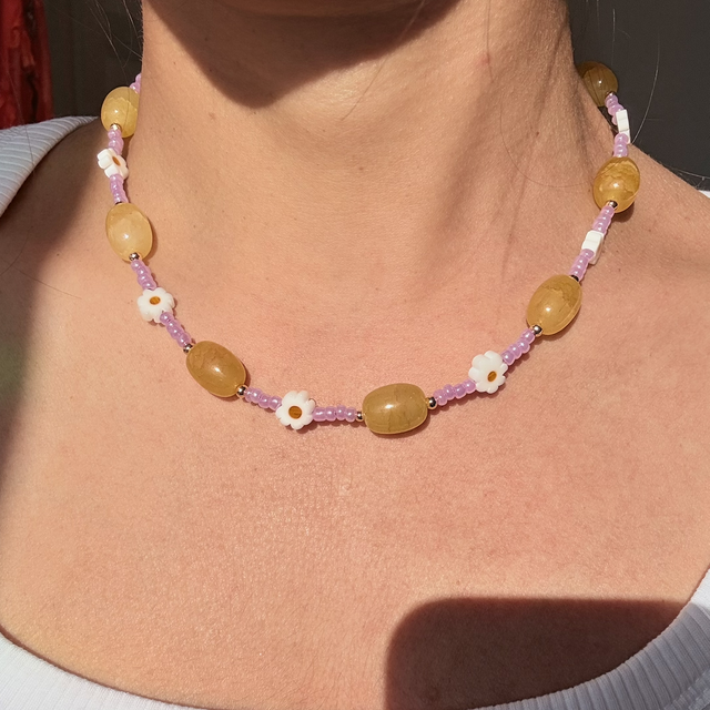 MARGOT - Yellow & Lilac Daisy Beaded Choker Style Necklace