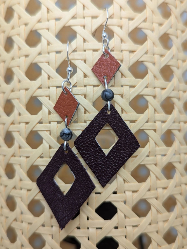 Boucles d&#039;oreilles double face avec du cuir, du tissu enduit, et des pierres de labradorite noires, le fermoir est en plaqué argent 925. 