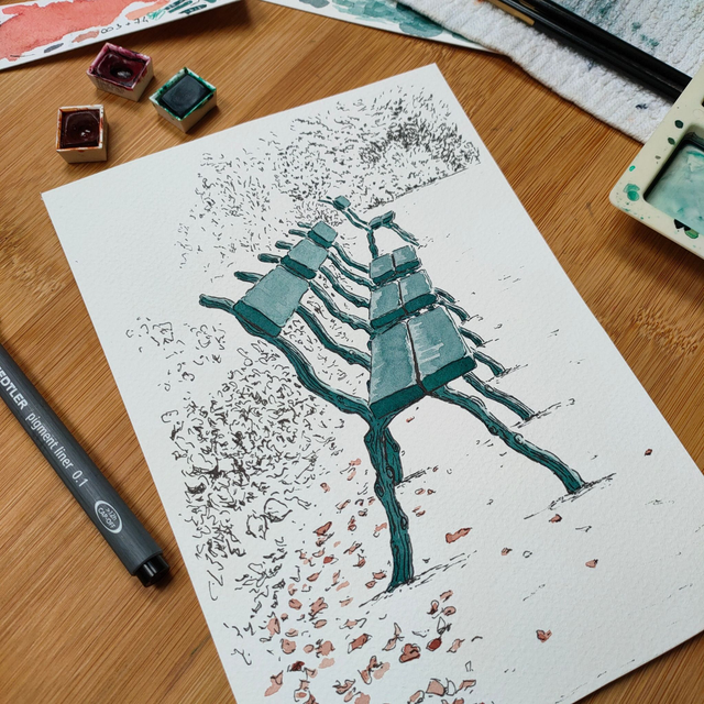 Aquarelle - Bancs au parc des Buttes-Chaumont