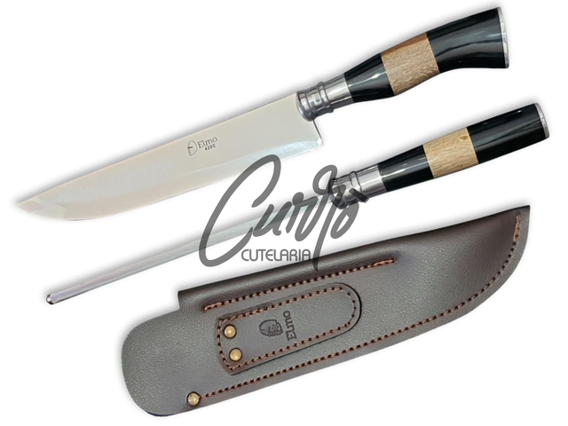 Conjunto BBQ Faca Chaira Elmo Cabo Resina Tipo Chifre Madeira 9"