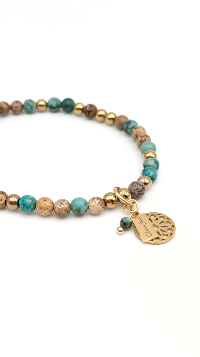 🌾 Bracelet Turquoise africaine, Jaspe paysage &amp; Hématite dorée – Rosace