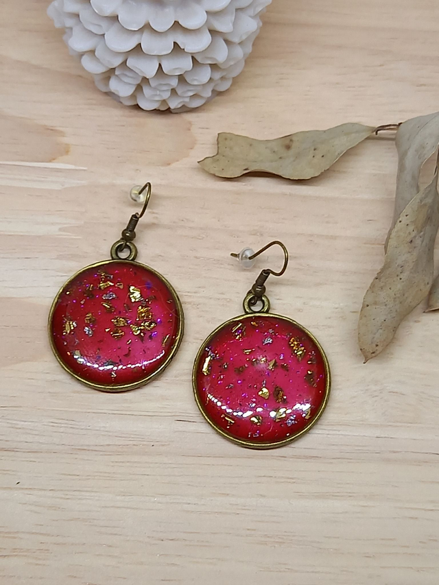 Boucles d&#039;oreilles Résine - rond bronze / rose à paillettes