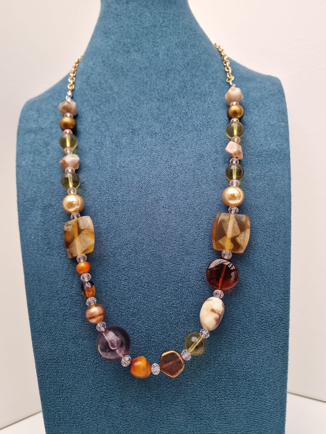 Collier Vintage Pierres Quartz Perles Dorés Marrons