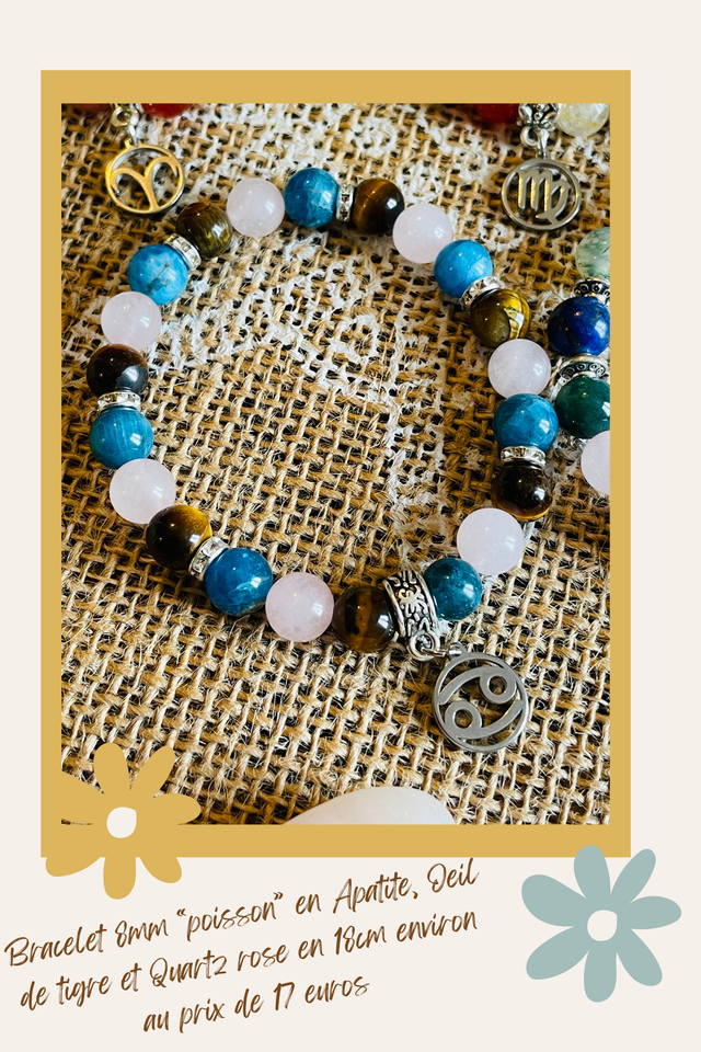 🌸♋️🌊Bracelet Signe du Cancer en Apatite, Oeil de tigre et Quartz rose