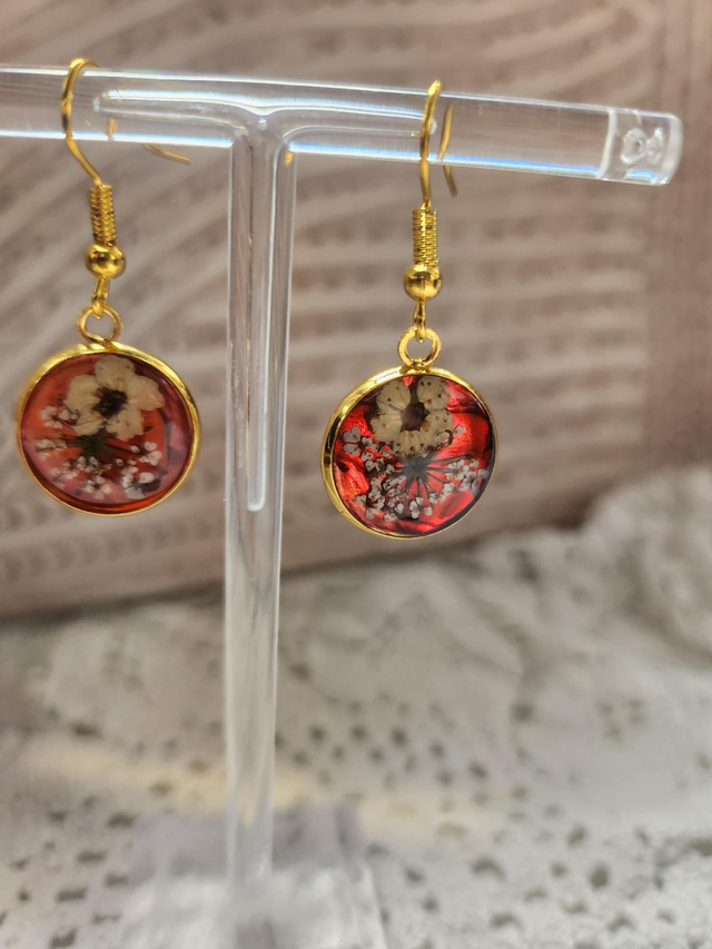 Boucles d'oreilles fleurs fond rose et or