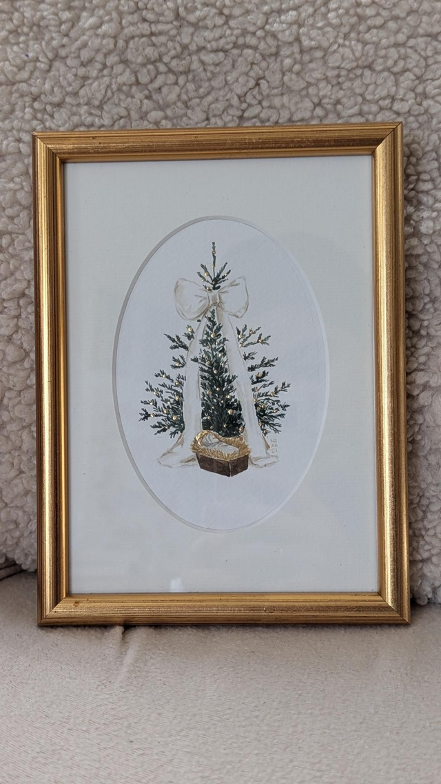 Aquarelle originale Jésus au pied du Sapin noeud Blanc