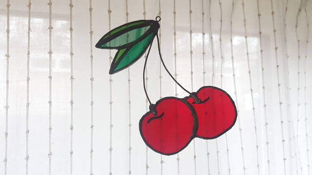 Traditional Cherry Tattoo Inspired Copper Foiled Glass Decoration