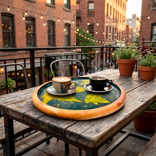 Bandeja Decorativa "Ébano & Oro" | Resina, Madera y Hojas Reales con Pan de Oro (38 cm)