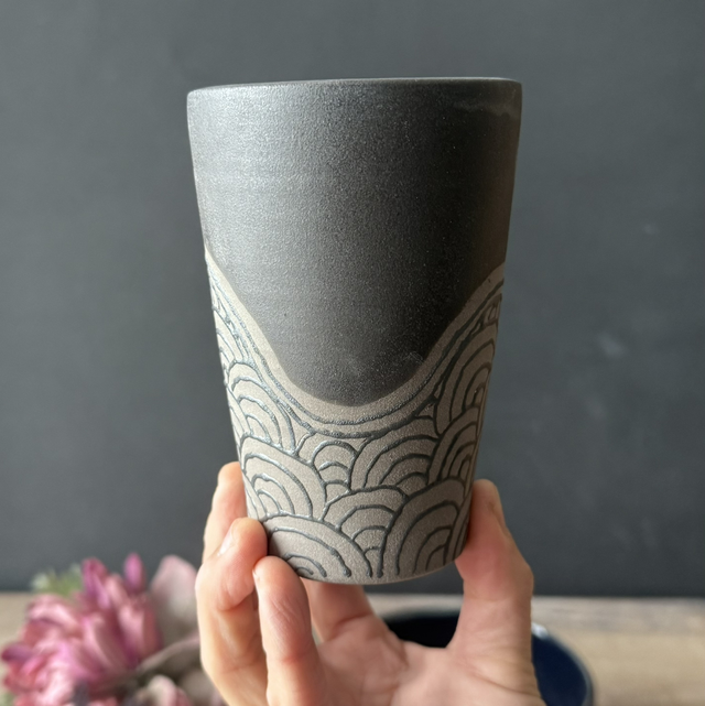 Stoneware Tumbler & Cereal Bowl Set, dark clean design, black | wheel-thrown, hand-drawn wave patterns inspired by Japanese patterns