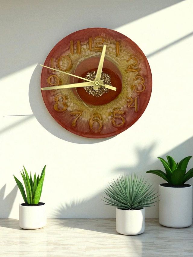 Handmade Red Gold Resin Wall Clock with Geode Center and 3D Numbers, Small Round Modern Clock for Home Office Bedroom Wall Decor
